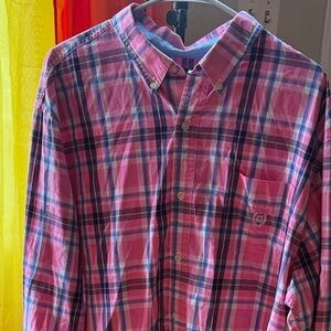 Chaps Men’s XXL Plaid Long-Sleeve Button-Down Shirt – Pink Navy Preppy Classic